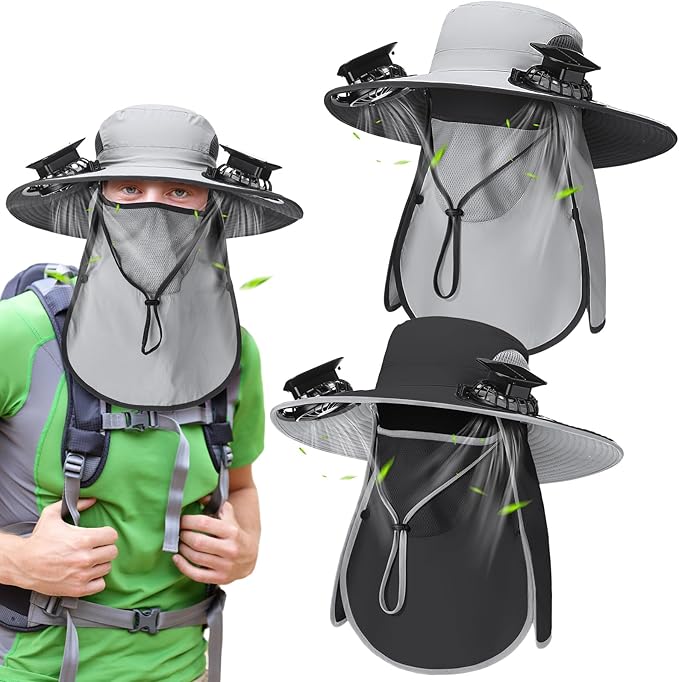 2 Pcs Solar Fan Hats Wide Brim Fishing Hats with 2 Solar Fan and Removable Face Cover Cooling Buckets for Men Women
