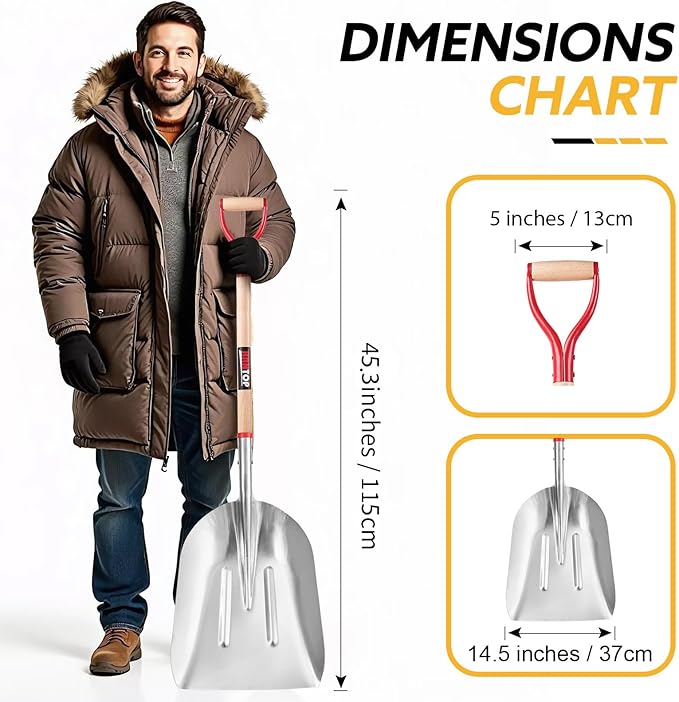 Heavy Duty Snow Shovel Aluminum Scoop Shovel Large Aluminium Snow Shovel for Driveway,45.3 inches