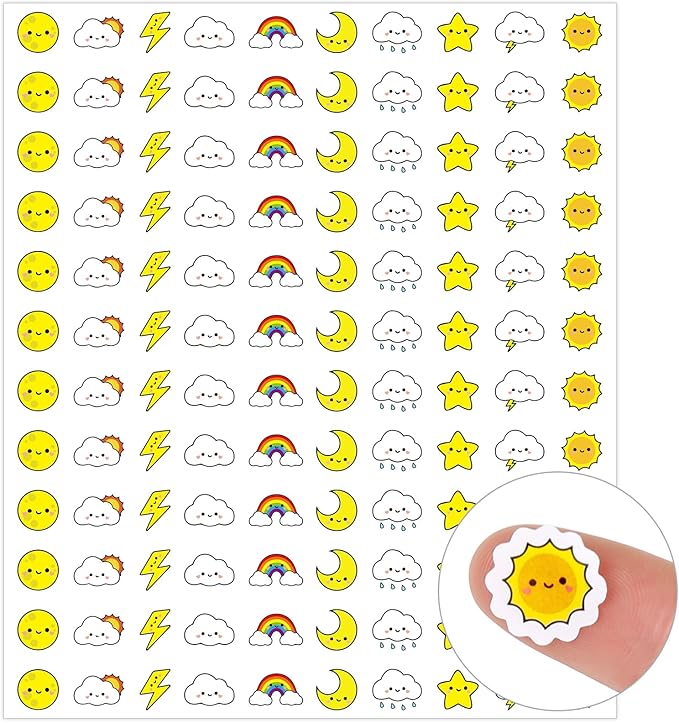 JarThenaAMCS 2400Pcs Mini Weather Sticker Cute Smile Face Paper Decals 10 Designs Self-Adhesive Stickers for Envelopes Scrapbook Gifts DIY Supplies, 0.5 in