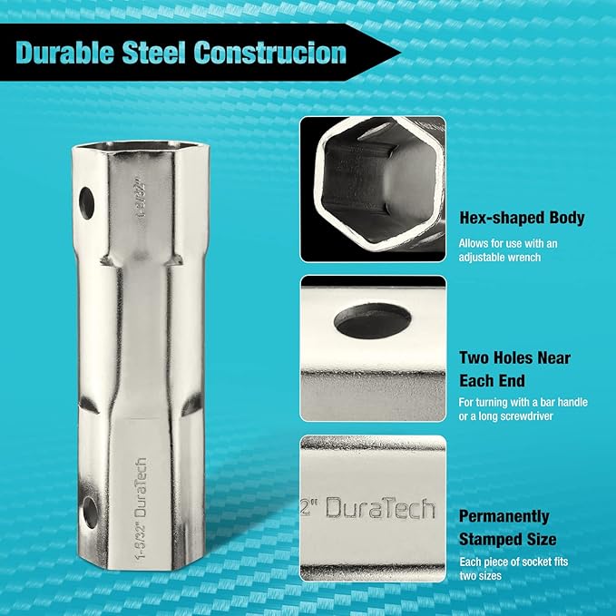 DURATECH Shower Valve Socket Wrench Set with Bar Handle for Removing Tub & Shower Valve, SAE, Includes 21/32”x 27/32”, 29/32”x 31/32”, 1-1/32” x1-3/32”, 1-5/32”x1-9/32”, 1-11/32”x 1-7/16”, 5-Piece
