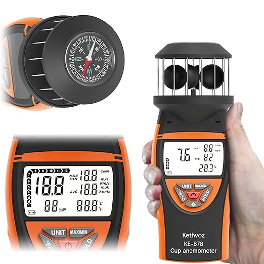 Handheld Cup Anemometer, Kethvoz Digital Air Flow Meter Measure Wind Speed up to 42m/s, Test Temperature for Shooting Hunting Paragliding Outdoor Activities