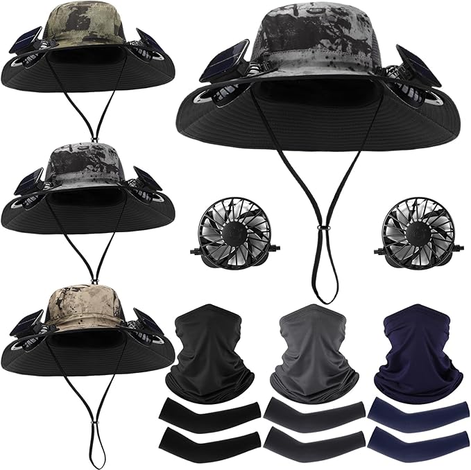 Syhood Solar Powered Fan Hat with Arm Sleeves Neck Gaiter for Men Women Outdoor Wide Brim Bucket Hat with Fan for Hiking