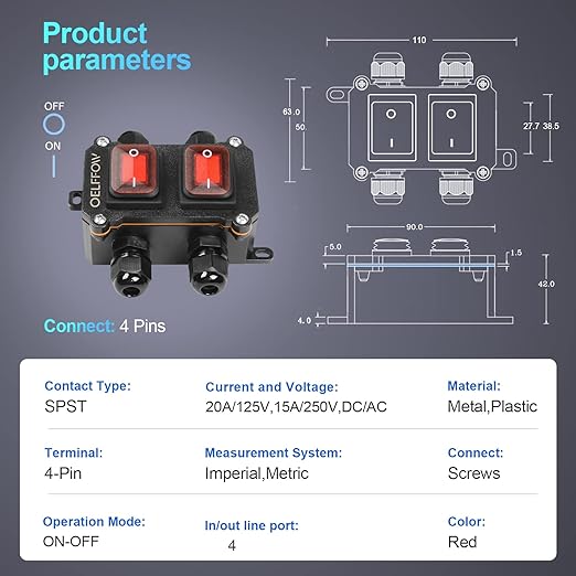 Waterproof On Off Toggle Switch Double Switch with Red Light Rocker Button Inline Cord Switch DPST AC/DC 20A-125V,16A-250V,30A-24V,35A-12V, IP66 4 Exit