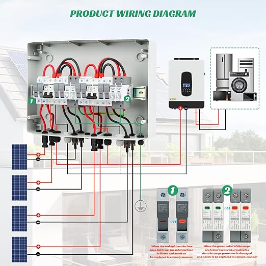 4 in 2 Out Solar Combiner Box,PV Combiner Box with 20A PV Fuse,DC 40A Circuit Breaker and Surge Protector,IP65 Solar Disconnect Switch Box for Indoor Outdoor Solar Panel System (4 in 2 Out 20A 500V)