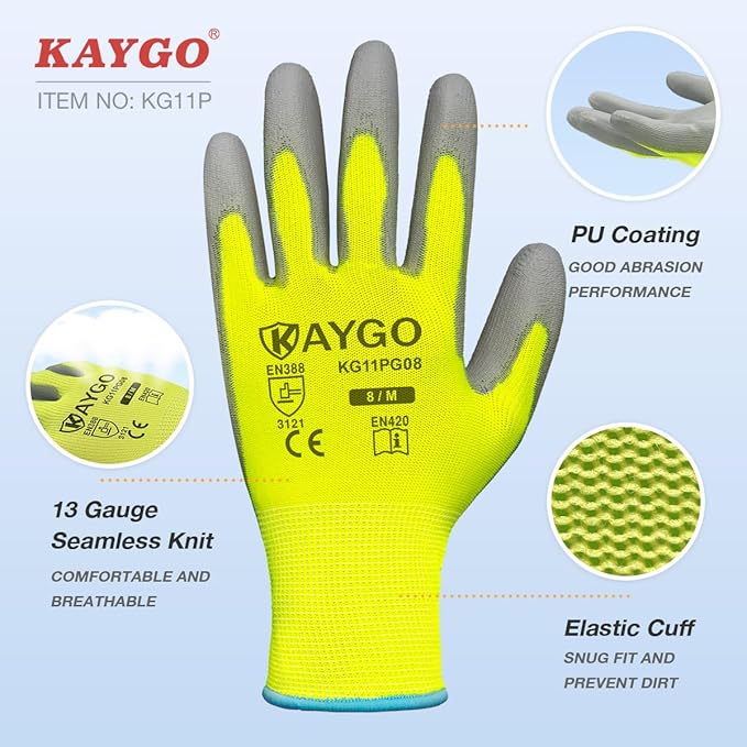 KAYGO Work Gloves for Men and Women,12 Pairs Seamless Knit PU Coated Safety Gloves, with Smooth Grip on Palm and Fingers, Ideal for Light Warehouse, Manufacturing, Gardening, KG11P (L,Green)