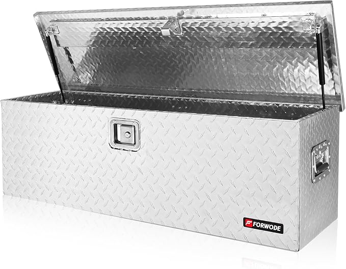 FORWODE 48 Inch Aluminum Truck Tool Box Lockable Truck Bed Tool Box Waterproof Truck Bed Storage Box with Gas Struts & Side Handle Truck Tool Chest for Pickup, Truck Bed, RV, Trailer & Garage (Silver)