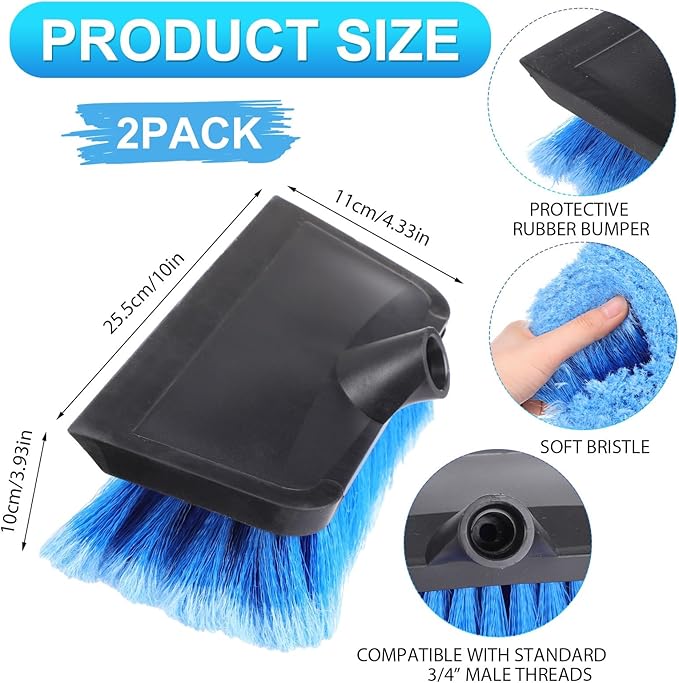 2 Pcs 10 Inch Solar Panel Soft Brush Cleaner Head, Bristles Scrub Brush with Rubber Protective Pads Prevent Scratches, for Solar Panels, Cars, RV, Trucks, Boats, Facades of Houses(Blue)