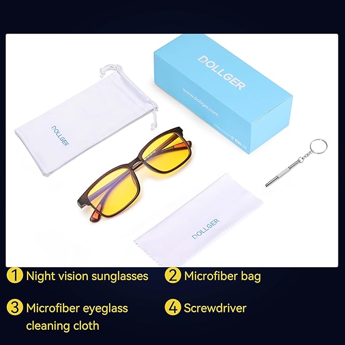 Dollger Night Vision Glasses for Driving Square Anti Glare UV400 Protection Lightweight Nighttime Eyewear for Men and Women