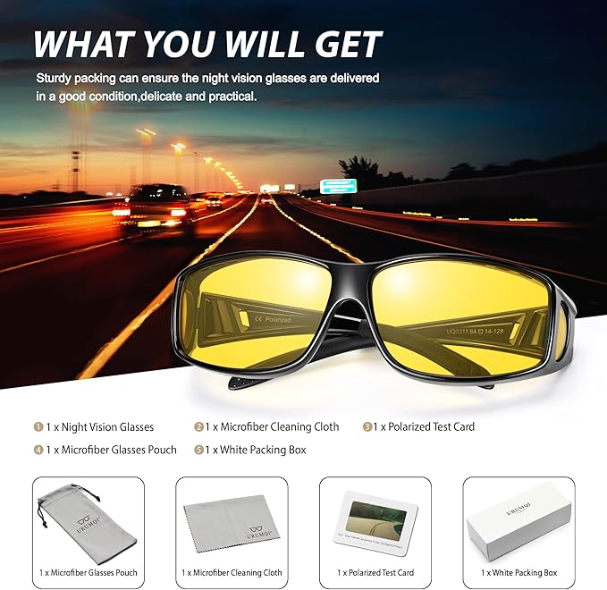 URUMQI Night Vision Driving Glasses Fit Over Eyeglasses for Men Women, Anti Glare Polarized Nighttime Glasses Yellow Lens