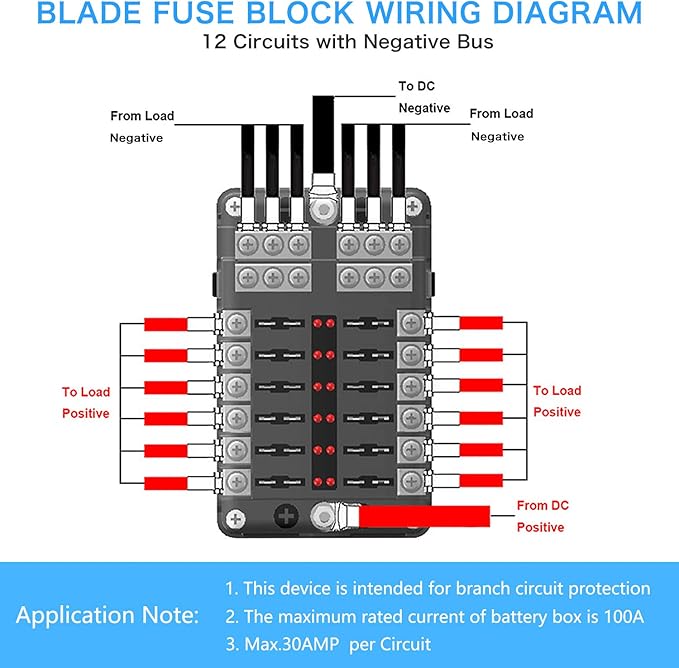 12 Way 12V Fuse Box 12Volt Blade Fuse Block, 12 Circuit W/Negative Bus Waterproof Fuse Box with LED Indicator for 12V/24V Automotive Golf Cart Truck Car Boat Marine RV Van Vehicle