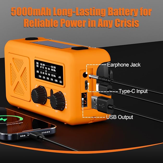 Emergency Radio Hand Crank Solar, 5000mAh/18500mWh Emergency Weather Radio, Solar Crank Radios with NOAA/AM/FM, Thermal Blanket, Paracord Bracele, for Outdoor & Home