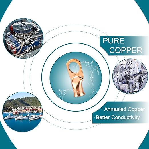 4 PCS Battery Terminal Connectors, Battery Cable Ends Lugs, 2/0 Gauge Wire Connectors, 2/0 AWG 1/4" Stud Ring Terminals, Copper Wire Lugs with Heat Shrink Tubing.