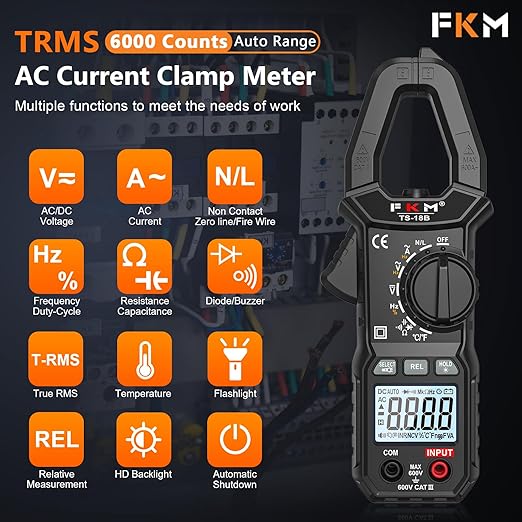 FKM Clamp Meter,TRMS 6000 Counts Digital Clamp Multimeter Voltage Tester,Auto-ranging 600 Amp Volt Meter,for AC/DC Voltage,AC Current,NCV,Capacitance,Resistance,Continuity,Hz/Duty Cycle,Diode,TempTest
