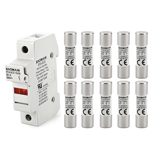 Baomain RT18-32 Fuse Holder Base with 10x5A Ceramic Fuses (10x38mm) – 1 Pole DIN Rail Mount, LED Indicator, CE Certified (5 Amp)