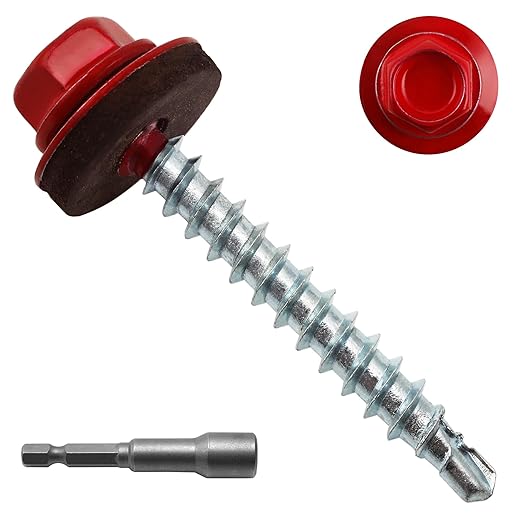 250pcs #10 x 1-1/2" Red Hex Head Self-Drilling Metal Roofing Screws, EPDM Washer, Colored Head, Wood Screws, Sheet Metal Roof Screw with Hex Driver Bit (Red, 1-1/2 in)