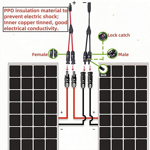 2 Pair Solar connectors Y-Tee 1-to-2 Waterproof Parallel Adapter, 10AWG tinned Copper Cable Plug Connector for Solar photovoltaic Panel Panels (2 Pairs M/FF and F/MM)