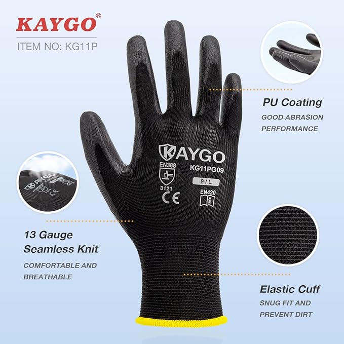 KAYGO Work Gloves for Men and Women, 60 Pairs Seamless Knit PU Coated Safety Gloves, with Smooth Grip on Palm and Fingers, Ideal for Light Warehouse, Manufacturing, Gardening, KG11P (XL, Red)