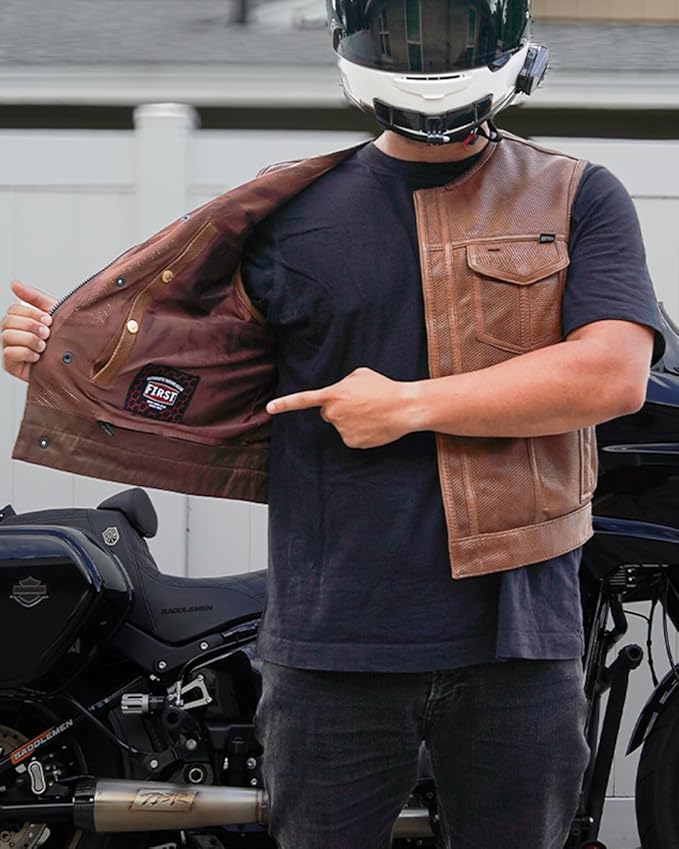 First Mfg Co - Lowside - Mens Motorcycle Biker Riding Canvas, Leather, Twill, Perforated Leather Vest