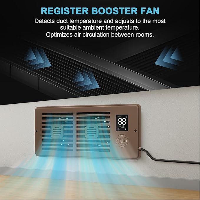 Register Booster Fan for 4" x 12" Vents Only, 10 Speeds to Control Cool and Warm Airflow, Air Conditioning Vents with LED Screen Remote & Thermostat Control, for Room Walls & Floors (Brown)