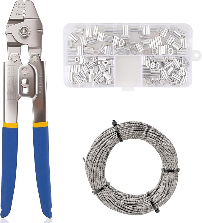 66ft Wire Rope Crimping Tool, 1/16In Stainless Steel Wire Rope Kit, Steel Cable Crimping Tool up to 2.2mm with 150pcs Aluminum Crimp Sleeve for Railing, Crafts Cables Wires and Marine Fishing Lines