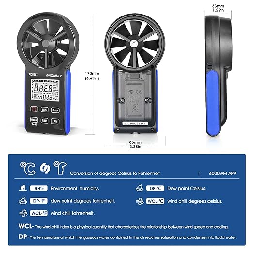 AIOMEST Anemometer Bluetooth, Handheld Wind Speed Gauge Meter w/Atmospheric Pressure, Temp, RH, Dew Point Temp, Wind Chill Measurement for Climbing Drone HVAC, AI-6000WM-APP