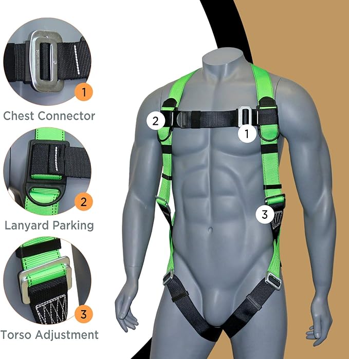 AFP Universal Full-Body Fall Protection Safety Harness with Dorsal D-Ring and Mating Buckle Legs | High-Visibility Green | Shock Absorbing Lanyard & Tool Lanyard (OSHA/ANSI)