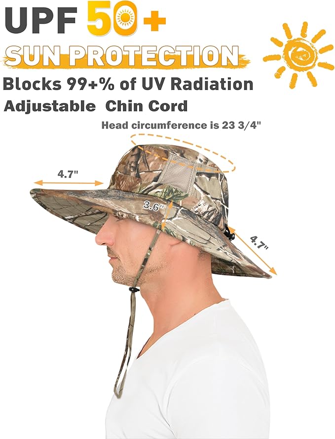 Men Safari Sun Hat Wide Brim Boonie Fishing Cap with Adjustable Drawstring