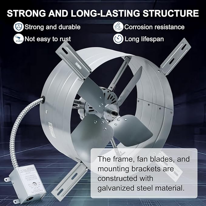 Criditpid 15" Gable Mount Vent Attic Fan, Exhaust Ventilation Fan with Adjustable Thermostat for Gable, Home, Shed, Garage, Portable Building, 4A, 1600CFM, 1050RPM, 2400 Sq.Ft Coverage Area.