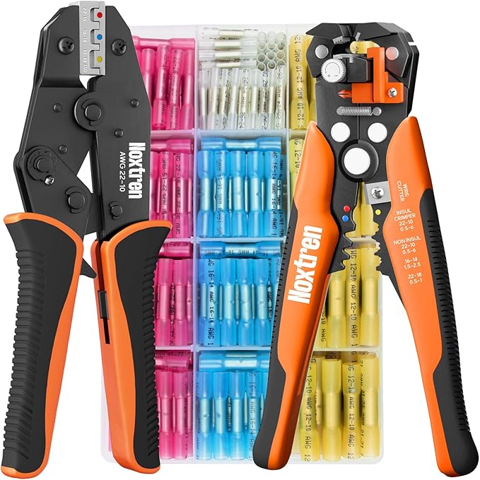 Crimping Tool For Heat Shrink Connectors, 220PCS AWG 26-10 Waterproof Automotive Marine Grade Heat Shrink Butt Connectors and Wire Stripper