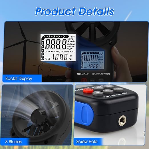 Professional WiFi Anemometer, Smart Wind Speed Meter Gauge with APP, 0.3-40m/s Range, Measures Wind Temp, Max/Min/Avg, Backlight, Ft/min, Knots, Km/h, Mph, (866B-APP-WIFI)