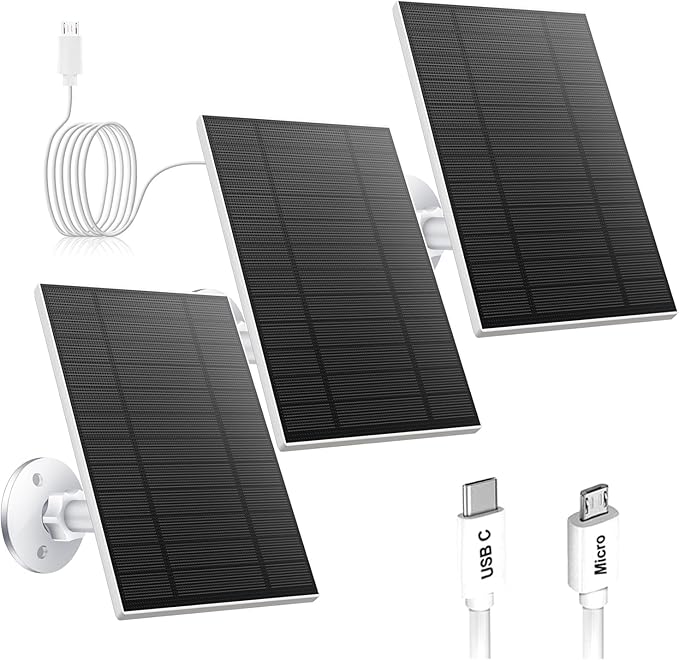 5W Solar Panel for Security Camera, Solar Panel with Micro USB & USB-C Port for DC 5V Outdoor Rechargeable Battery Camera, IP65 Waterproof, 360° Adjustable Security Mount, 9.8ft Cable(White 3PC)