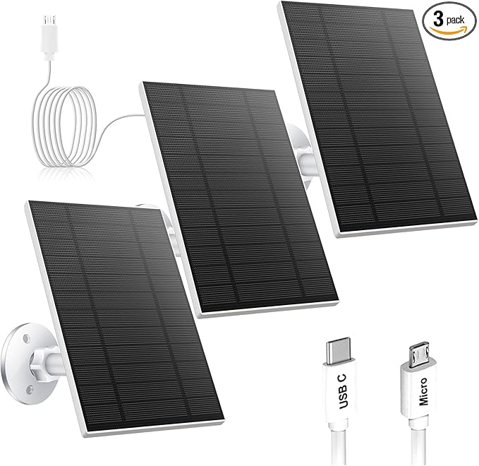 5W Solar Panel for Security Camera, Solar Panel with Micro USB & USB-C Port for DC 5V Outdoor Rechargeable Battery Camera, IP65 Waterproof, 360° Adjustable Security Mount, 9.8ft Cable(White 3PC)