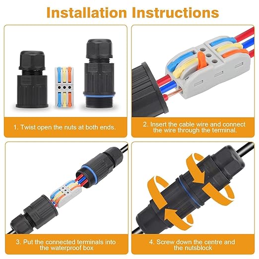 Linkstyle 10PCS Waterproof IP68 Junction Box, Outdoor 3 Way Electrical Cable Connector, with Replaceable Lever Wire Connectors for AWG 28-12 Gauge Wire 3 in 3 Out Quick Terminal