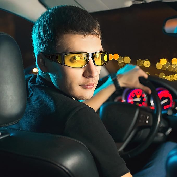 URUMQI Night Vision Driving Glasses Fit Over Eyeglasses for Men Women, Anti Glare Polarized Nighttime Glasses Yellow Lens