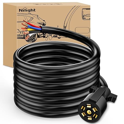 Nilight 7Way 16FT 7 Way Trailer Extension Cord Heavy Duty Plug Inline Cord 16 FT for Truck Camper Blade Molded RV Cable Wire Weatherproof Corrosion Resistant 7 Pin Trailer Plug Wire Harness
