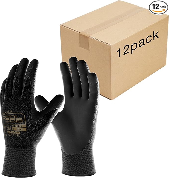 COOLJOB A3 Cut Resistant Fishing Gloves for Men, Touchscreen Safety Work Gloves with Grip Nitrile Rubber Coating for Glass Handling Wood Carving, Saltwater Fishing Gear, Black, Large, 12 Pairs