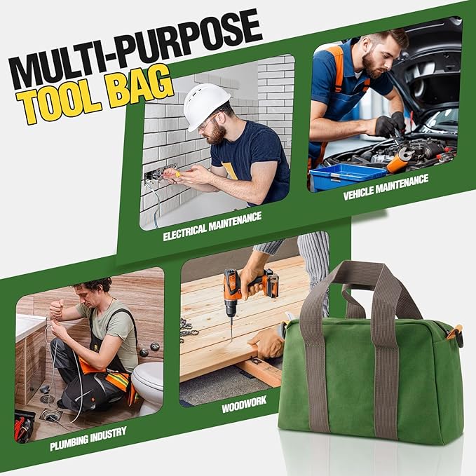 Small Tool Bag, Canvas Tool Storage Bag, Large Capacity Multipurpose Zipper Soft Tote Organizer Pouch for Electrician, Plumbing, Gardening,Tools Bags for Men (Green, 13 Inch)