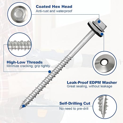 Metal Roofing Screws #10×2-1/2Inch, 500-PCS, Hex Head Rustpert Coating Sheet Metal to Wood Siding Screw with EPDM Rubber Washer, Sharp Point, Hex Socket Included