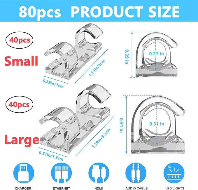 80 PCS Cable Clips (Small & Large),Adhesive Cable Clips for Wall,Finisher Wire Clamp for TV PC Laptop,Cable Management Clips Outdoor Light Clips