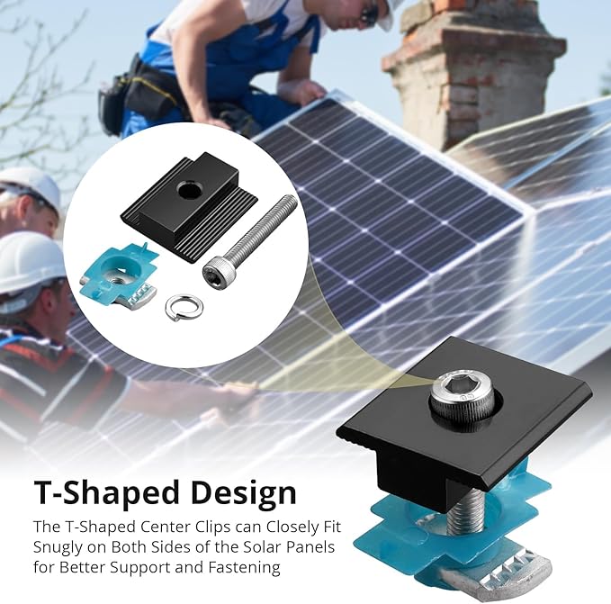 Anbte 10 PCS Solar Panel Clamps for Unistrut, Aluminium 40mm 6 x T-Shaped Mid Clamps + 4 x End Clamps, Solar Panel Mounting Brackets for Metal, Tin, Flat, Sheet Roofs, RV, Black
