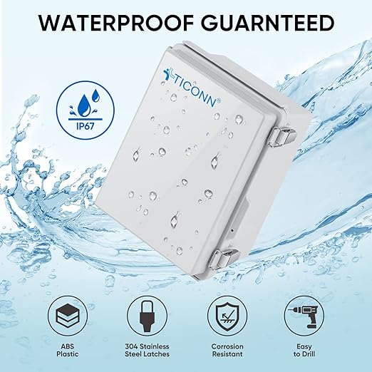 TICONN Outdoor Electrical Box Waterproof, Junction Box IP67 ABS Plastic Enclosure with Hinged Cover with Mounting Plate, Wall Brackets, Cable Glands (Off-White, 8.7"x6.7"x4.3")