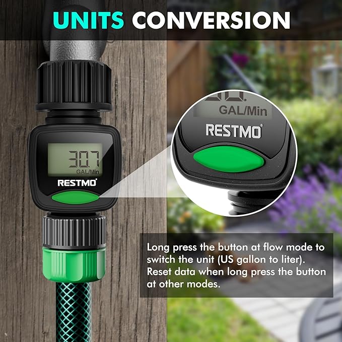 RESTMO Water Flow Meter, High Measure Accuracy, Measure Gallon/Liter Consumption and Flow Rate for Outdoor Garden Hose Watering, RV Water Tank Filling, Lawn Sprinkler and Nozzle Sprayer