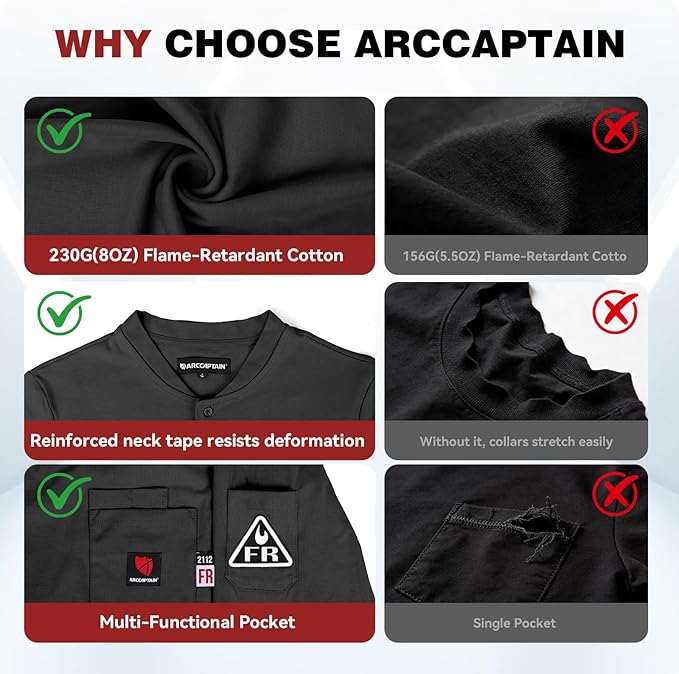 ARCCAPTAIN FR Shirts for Men 8oz 100% Cotton Fire Resistant Henley Shirt CAT2 NFPA2112 Welding Work Long Sleeve Clothing