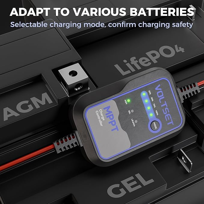 Voltset MPPT Solar Charge Controller : IP65 Waterproof - Display for Gel AGM Lead-Acid Lithium LiFePO4 Battery - Used in RV Marine Camper Van Truck Trailer (Mppt Solar Charge Controller use Below 50W)