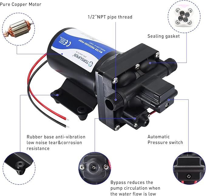 Water Pressure Booster Pump, 12V DC Water Diaphragm Pump, 5GPM 70PSI with Power Plug, Self Priming RV Water Pump for Home Kitchen Bathroom RV Marine Yacht Garden Hose