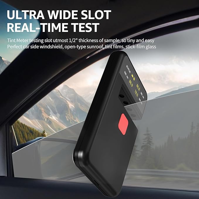 Digital Tint Meter Handheld Window Tint Solar Film Transmission Meter Type-C Charge VLT UV IR Detection Transmittance Meter Automatic Calibration Auto Glass Solar Film Tester Max 1/2" Thickness