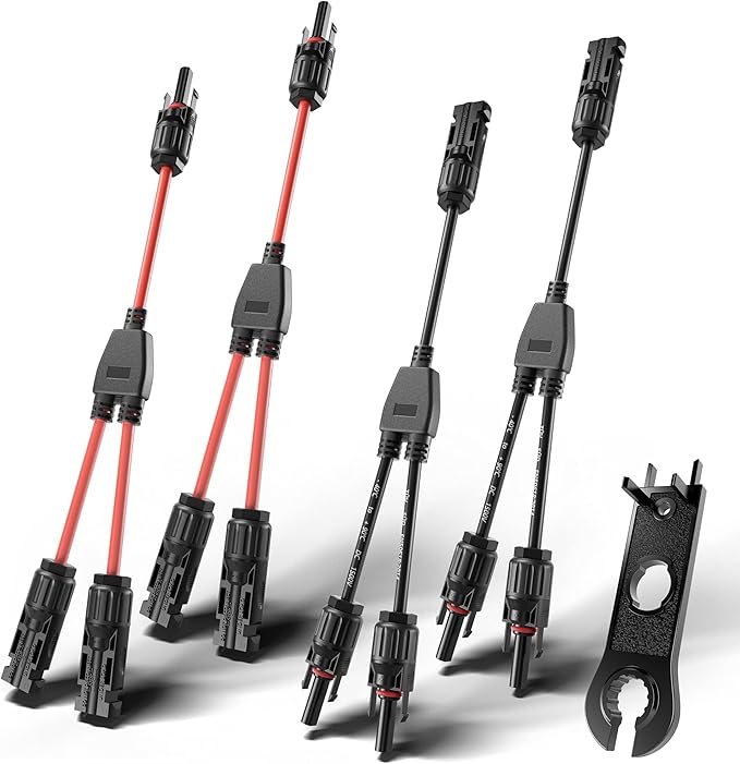 OYMSAE 2 Pairs Solar Connectors Y Branch Parallel Adapter Cable 1 to 2 Solar Panel Connectors Wire Plug Tool Kit for Solar Panel (M/FF, F/MM)