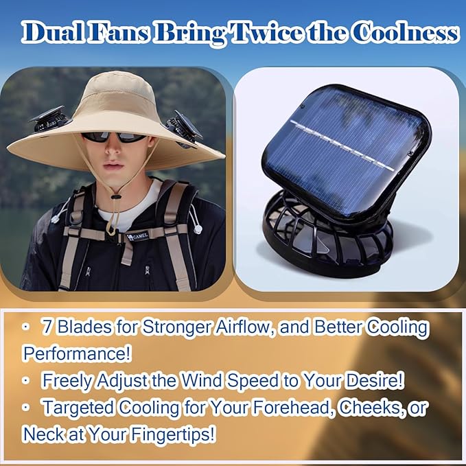 Solar Powered Fan Hat with 2 Fans,Unisex Bucket Hat,Wide Brim Sun Hat for Outdoor Fishing,Hiking,Gardening& Sunbathing
