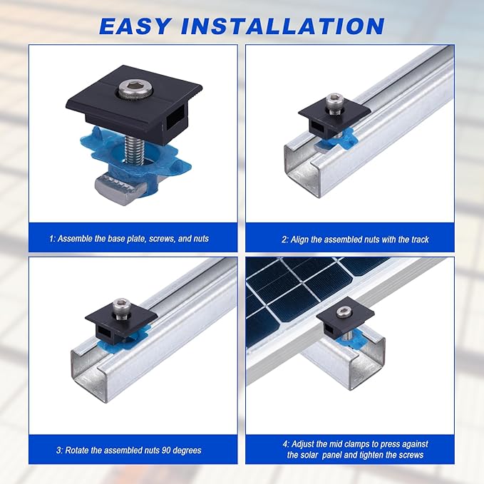 10pcs Solar Panel Mid Clamps for Unistrut, 30mm/35mm Aluminum Mounting Brackets Black Roof Mount Kit Hardware for Metal/Tin/Flat/Sheet Roof and RV Solar Panel Installation