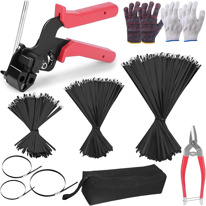 400PCS Metal Zip Ties Gun Kit, 6/8/12 Inch Heavy Duty Metal Zip Ties, Multi-Purpose Self-Locking Cable Tie Tool Set for Vehicles Farms Plants Fences Pipe Bundling, Scissors
